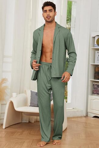 Men's Pajama Set Waffle Knit Lounge Pjs Set Long Sleeve Top and Pants Sleepwear 2 Piece Button Down Loungewear in Saudi Arabia