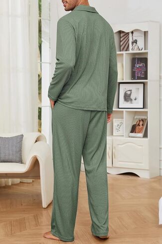 Men's Pajama Set Waffle Knit Lounge Pjs Set Long Sleeve Top and Pants Sleepwear 2 Piece Button Down Loungewear in Saudi Arabia