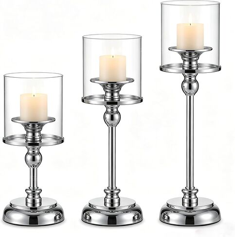3PCS Gold Hurricane Candle Holders, Glass Hurricane Candlestick Holders for Pillar Candles, Tall Metal Candle Holders with Removable Glass Shade for Wedding Centerpieces, Dining Table Decor in Saudi Arabia