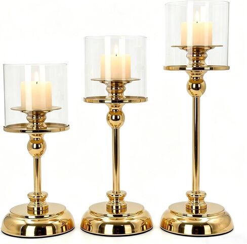 3PCS Gold Hurricane Candle Holders, Glass Hurricane Candlestick Holders for Pillar Candles, Tall Metal Candle Holders with Removable Glass Shade for Wedding Centerpieces, Dining Table Decor in Kuwait