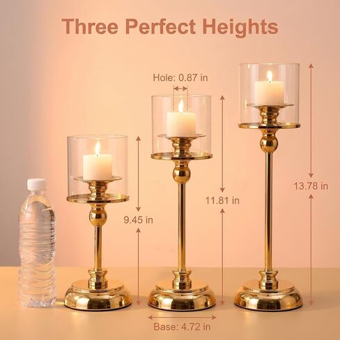 3PCS Gold Hurricane Candle Holders, Glass Hurricane Candlestick Holders for Pillar Candles, Tall Metal Candle Holders with Removable Glass Shade for Wedding Centerpieces, Dining Table Decor in Kuwait