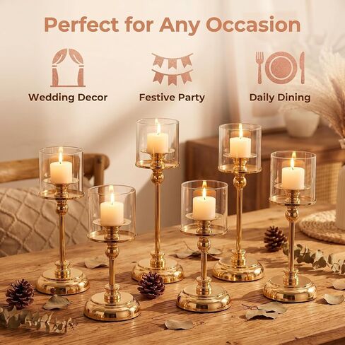 3PCS Gold Hurricane Candle Holders, Glass Hurricane Candlestick Holders for Pillar Candles, Tall Metal Candle Holders with Removable Glass Shade for Wedding Centerpieces, Dining Table Decor in Kuwait