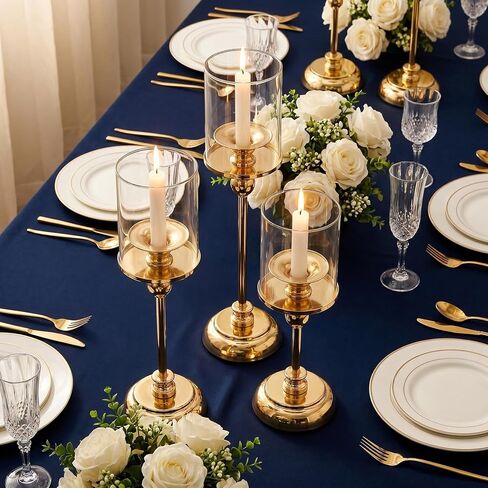 3PCS Gold Hurricane Candle Holders, Glass Hurricane Candlestick Holders for Pillar Candles, Tall Metal Candle Holders with Removable Glass Shade for Wedding Centerpieces, Dining Table Decor in Kuwait