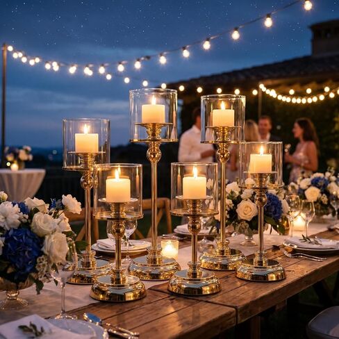 3PCS Gold Hurricane Candle Holders, Glass Hurricane Candlestick Holders for Pillar Candles, Tall Metal Candle Holders with Removable Glass Shade for Wedding Centerpieces, Dining Table Decor in Kuwait