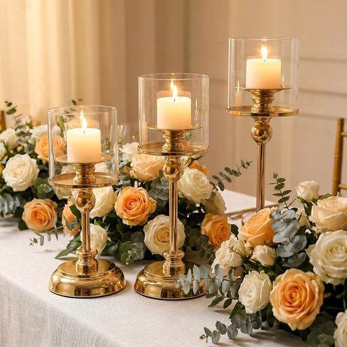 3PCS Gold Hurricane Candle Holders, Glass Hurricane Candlestick Holders for Pillar Candles, Tall Metal Candle Holders with Removable Glass Shade for Wedding Centerpieces, Dining Table Decor in Kuwait