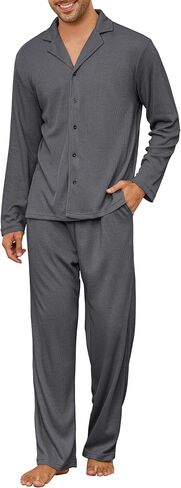 Men's Pajama Set Waffle Knit Lounge Pjs Set Long Sleeve Top and Pants Sleepwear 2 Piece Button Down Loungewear in Saudi Arabia