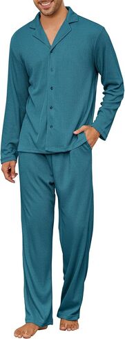 Men's Pajama Set Waffle Knit Lounge Pjs Set Long Sleeve Top and Pants Sleepwear 2 Piece Button Down Loungewear in Saudi Arabia