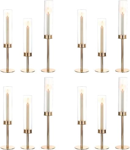 Gold Hurricane Candle Holders Set of 12, Tall Metal Windproof Glass Taper Candle Holder for Candelabra Centerpieces for Dining Table, Wedding, Party & Fireplace Mantel Decor in Kuwait