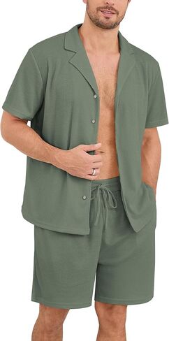 Men's Pajama Set Waffle Knit Lounge Pjs Set Long Sleeve Top and Pants Sleepwear 2 Piece Button Down Loungewear in Saudi Arabia