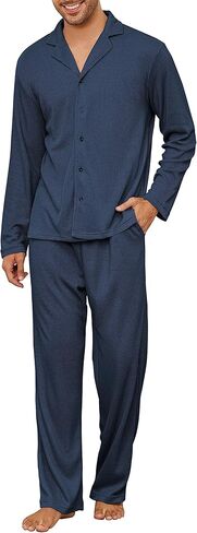 Men's Pajama Set Waffle Knit Lounge Pjs Set Long Sleeve Top and Pants Sleepwear 2 Piece Button Down Loungewear in Saudi Arabia