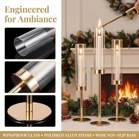 Gold Hurricane Candle Holders Set of 12, Tall Metal Windproof Glass Taper Candle Holder for Candelabra Centerpieces for Dining Table, Wedding, Party & Fireplace Mantel Decor in Kuwait