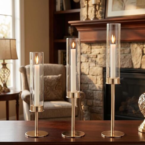 Gold Hurricane Candle Holders Set of 12, Tall Metal Windproof Glass Taper Candle Holder for Candelabra Centerpieces for Dining Table, Wedding, Party & Fireplace Mantel Decor in Kuwait