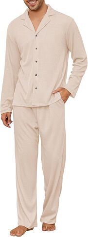 Men's Pajama Set Waffle Knit Lounge Pjs Set Long Sleeve Top and Pants Sleepwear 2 Piece Button Down Loungewear in Saudi Arabia