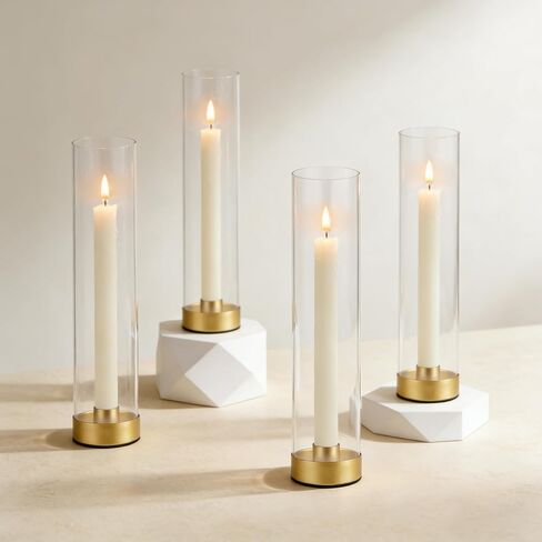 Hurricane Candle Holders Golden Taper Candle Sticks Holder, with 11" Thickened Glass Cylinder Covers Tall Candlesticks Holders Bulk Set of 4, Dining Table Centerpiece for Wedding in Saudi Arabia