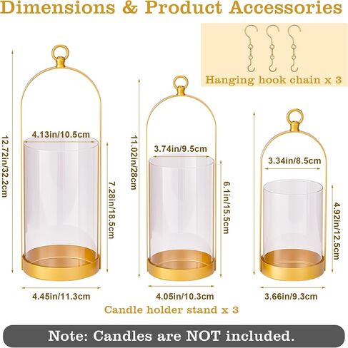 Hurricane Glass Candle Holders, Hanging Gold Candlestick Candle Holders with Handmade Sturdy Glass Dome for Pillar Candles, Decorative Metal Candle Lantern for Table Centerpiece, Home Decor,3 Pack in Saudi Arabia