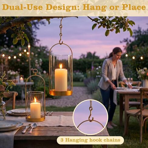 Hurricane Glass Candle Holders, Hanging Gold Candlestick Candle Holders with Handmade Sturdy Glass Dome for Pillar Candles, Decorative Metal Candle Lantern for Table Centerpiece, Home Decor,3 Pack in Saudi Arabia