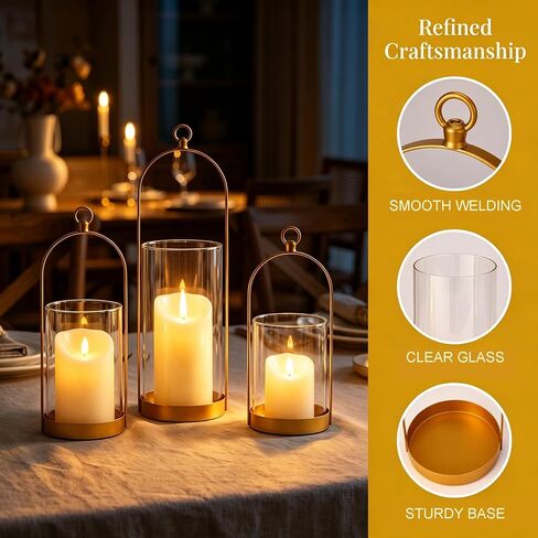 Hurricane Glass Candle Holders, Hanging Gold Candlestick Candle Holders with Handmade Sturdy Glass Dome for Pillar Candles, Decorative Metal Candle Lantern for Table Centerpiece, Home Decor,3 Pack in Saudi Arabia