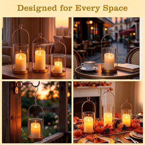 Hurricane Glass Candle Holders, Hanging Gold Candlestick Candle Holders with Handmade Sturdy Glass Dome for Pillar Candles, Decorative Metal Candle Lantern for Table Centerpiece, Home Decor,3 Pack in Saudi Arabia