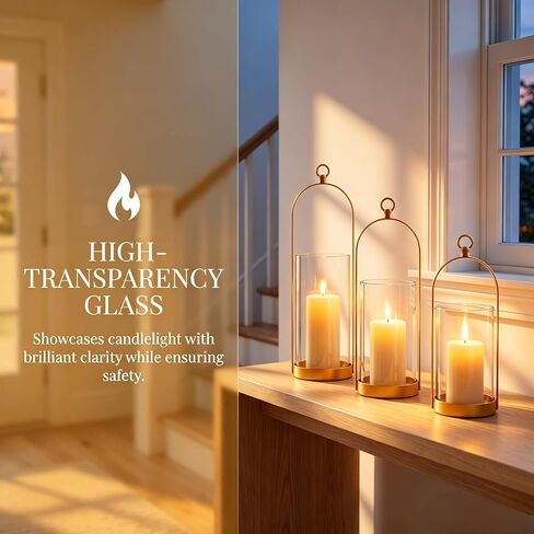 Hurricane Glass Candle Holders, Hanging Gold Candlestick Candle Holders with Handmade Sturdy Glass Dome for Pillar Candles, Decorative Metal Candle Lantern for Table Centerpiece, Home Decor,3 Pack in Saudi Arabia