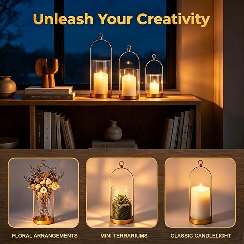 Hurricane Glass Candle Holders, Hanging Gold Candlestick Candle Holders with Handmade Sturdy Glass Dome for Pillar Candles, Decorative Metal Candle Lantern for Table Centerpiece, Home Decor,3 Pack in Saudi Arabia