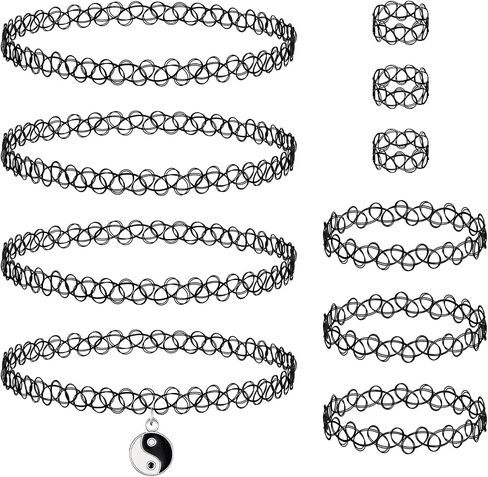 90s Tattoo Choker Necklace, Bracelet & Ring Set for Women - Black Stretch Retro Grunge Y2K Alternative Gothic Emo Accessories in Kuwait