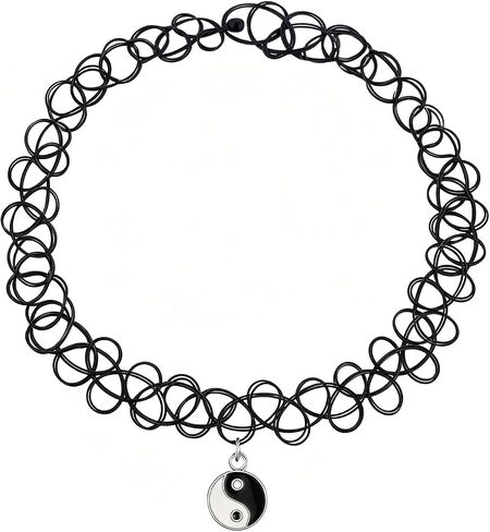 90s Tattoo Choker Necklace, Bracelet & Ring Set for Women - Black Stretch Retro Grunge Y2K Alternative Gothic Emo Accessories in Kuwait
