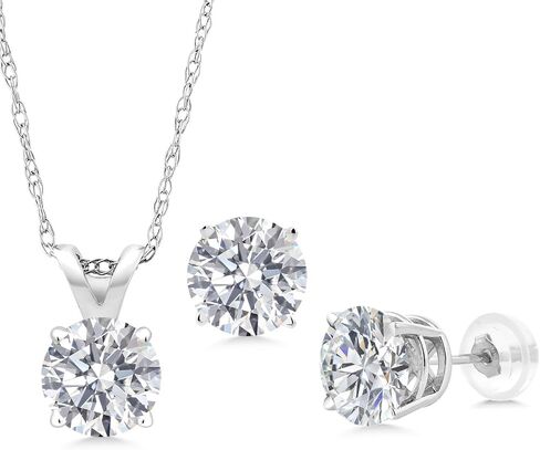 Gem Stone King 14K White Gold Lab Grown Diamond Pendant and Earrings Jewelry Set For Women | 2.22 Cttw | Gemstone April Birthstone | Round 6MM | DEF Color | VVS-VS Clarity | 18 Inch Chain in Kuwait