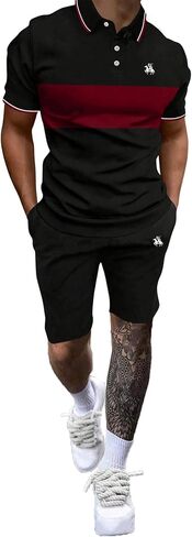 WDIRARA Men's 2 Piece Outfits Casual Color Block Short Sleeve Polo Shirt and Shorts Set in Kuwait