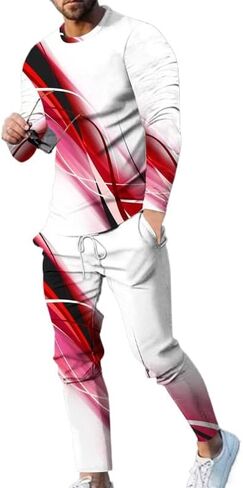 Men's 3D printed long sleeved hooded pants set, retro round neck pullover sweatshirt running pants two-piece set in Kuwait