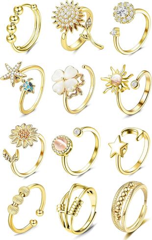 12 Pcs Fidget Rings for Women Gold Adjustable Cubic Zirconia Sunflower Moon Star Bead Rotatable Relieving Stress Ring Open Spinner Anxiety Rings Set in Kuwait