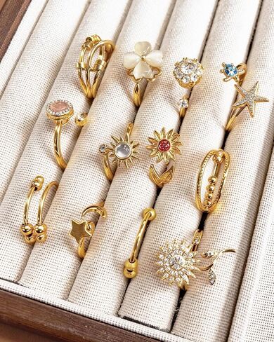 12 Pcs Fidget Rings for Women Gold Adjustable Cubic Zirconia Sunflower Moon Star Bead Rotatable Relieving Stress Ring Open Spinner Anxiety Rings Set in Kuwait