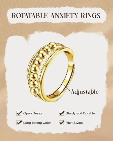 12 Pcs Fidget Rings for Women Gold Adjustable Cubic Zirconia Sunflower Moon Star Bead Rotatable Relieving Stress Ring Open Spinner Anxiety Rings Set in Kuwait