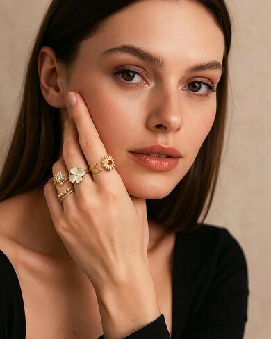 12 Pcs Fidget Rings for Women Gold Adjustable Cubic Zirconia Sunflower Moon Star Bead Rotatable Relieving Stress Ring Open Spinner Anxiety Rings Set in Kuwait