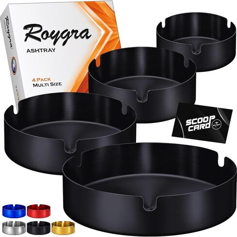 roygra Ash Tray (4 Pack), Outdoor Ashtray for Outside Patio, Stainless Steel Ashtrays for Cigarettes with 3 Holder, Smoking Accessories, Home Décor, Ashtrays for Smokers Indoor - 8-9-10-12cm - Black in Saudi Arabia