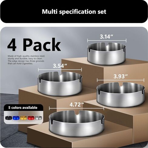 roygra Ash Tray (4 Pack), Outdoor Ashtray for Outside Patio, Stainless Steel Ashtrays for Cigarettes with 3 Holder, Smoking Accessories, Home Décor, Ashtrays for Smokers Indoor - 8-9-10-12cm - Black in Saudi Arabia
