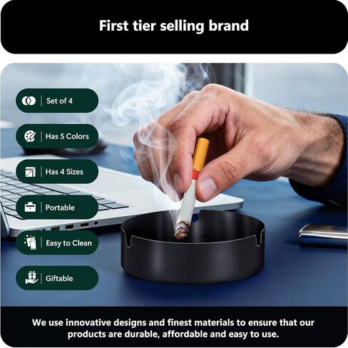 roygra Ash Tray (4 Pack), Outdoor Ashtray for Outside Patio, Stainless Steel Ashtrays for Cigarettes with 3 Holder, Smoking Accessories, Home Décor, Ashtrays for Smokers Indoor - 8-9-10-12cm - Black in Saudi Arabia