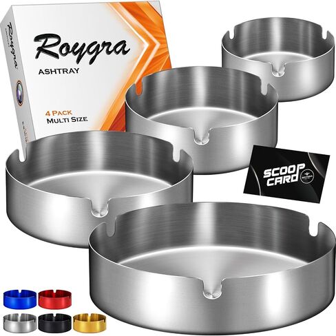 roygra Ash Tray (4 Pack), Outdoor Ashtray for Outside Patio, Stainless Steel Ashtrays for Cigarettes with 3 Holder, Smoking Accessories, Home Décor, Ashtrays for Smokers Indoor - 8-9-10-12cm - Black in Saudi Arabia