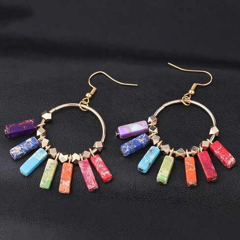 1Pair Colorful Tassel Creative Eardrops with Seven Chakra Design Durable Comfortable Ear Pendants for Parties in Kuwait