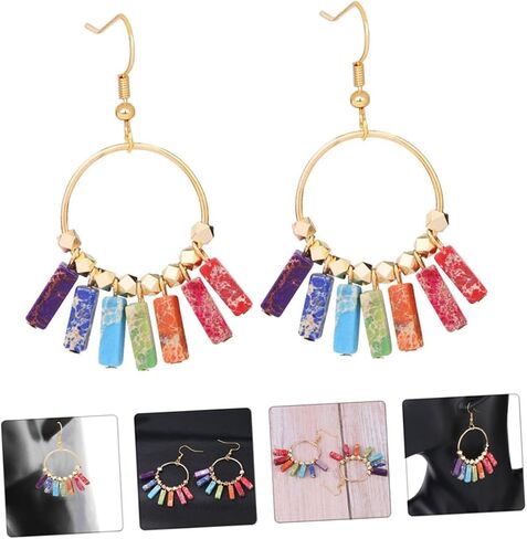 1Pair Colorful Tassel Creative Eardrops with Seven Chakra Design Durable Comfortable Ear Pendants for Parties in Kuwait