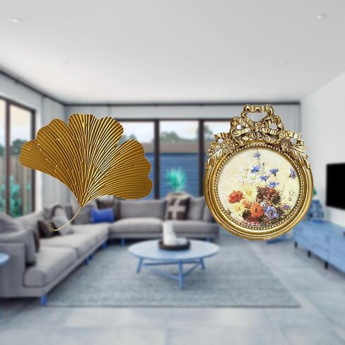 Sculptures Wrought Iron Wall Art Ginkgo Leaves Round Picture Frame Vintage Photo Frame Resin Material Suitable for Living Room Bedroom in Saudi Arabia