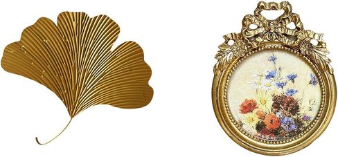 Sculptures Wrought Iron Wall Art Ginkgo Leaves Round Picture Frame Vintage Photo Frame Resin Material Suitable for Living Room Bedroom in Saudi Arabia