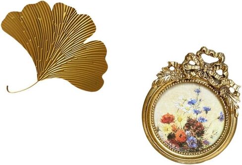 Sculptures Wrought Iron Wall Art Ginkgo Leaves Round Picture Frame Vintage Photo Frame Resin Material Suitable for Living Room Bedroom in Saudi Arabia