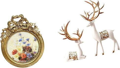 Round Picture Frame Vintage Resin Photo Frame Ornate Tabletop Deer Sculpture Statue Figurine Decorative Suitable for Gift Giving Home in Saudi Arabia