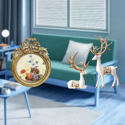 Round Picture Frame Vintage Resin Photo Frame Ornate Tabletop Deer Sculpture Statue Figurine Decorative Suitable for Gift Giving Home in Saudi Arabia