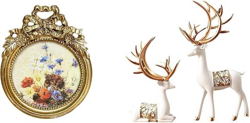 Round Picture Frame Vintage Resin Photo Frame Ornate Tabletop Deer Sculpture Statue Figurine Decorative Suitable for Gift Giving Home in Saudi Arabia