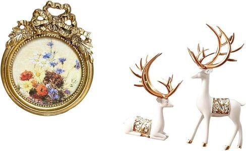 Round Picture Frame Vintage Resin Photo Frame Ornate Tabletop Deer Sculpture Statue Figurine Decorative Suitable for Gift Giving Home in Saudi Arabia