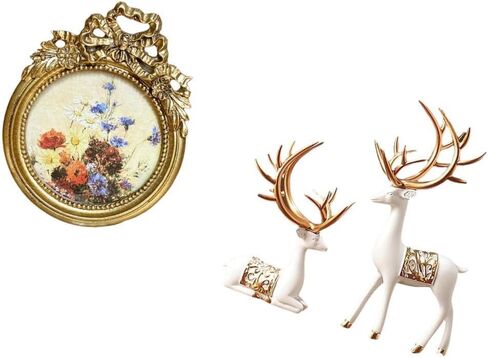 Round Picture Frame Vintage Resin Photo Frame Ornate Tabletop Deer Sculpture Statue Figurine Decorative Suitable for Gift Giving Home in Saudi Arabia