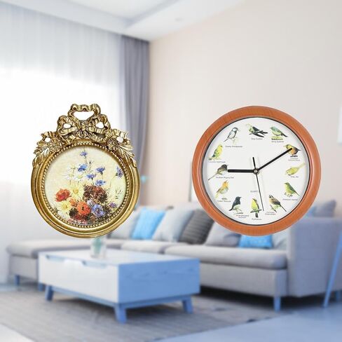 Round Picture Frame Small Vintage Golden Picture Frame Ornate Resin Bird Clock with Singing Bird Sounds Suitable for Bedroom in Saudi Arabia
