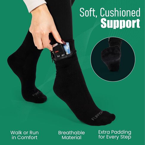 Zipper Sock Wallet (3 Pack) - Cotton & Polyester Zipper Socks with Pockets - Fits shoe size 6-13 - Black in Saudi Arabia