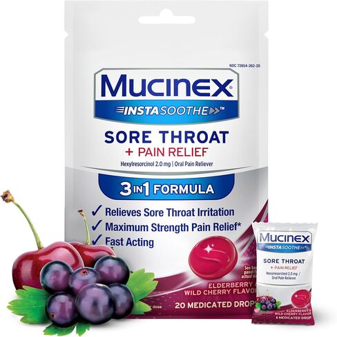 Mucinex Instasoothe Sore Throat Relief, Sore Throat Lozenges, Sore Throat Medicine with Hexylresorcinol, Cough Drops Alternative, 20 Elderberry & Wild Cherry Medicated Numbing Throat Drops in Saudi Arabia